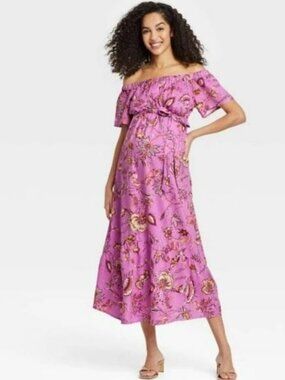 Isabel Maternity Dress Womens S Pink Floral Maxi Off Shoulder Boho Rayon